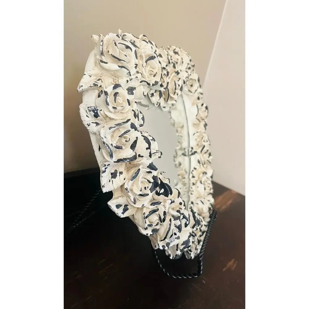 Decoline Heart VTG Wall Mirror Ivory Rose Shabby Cottage Chic Valentines 13”w